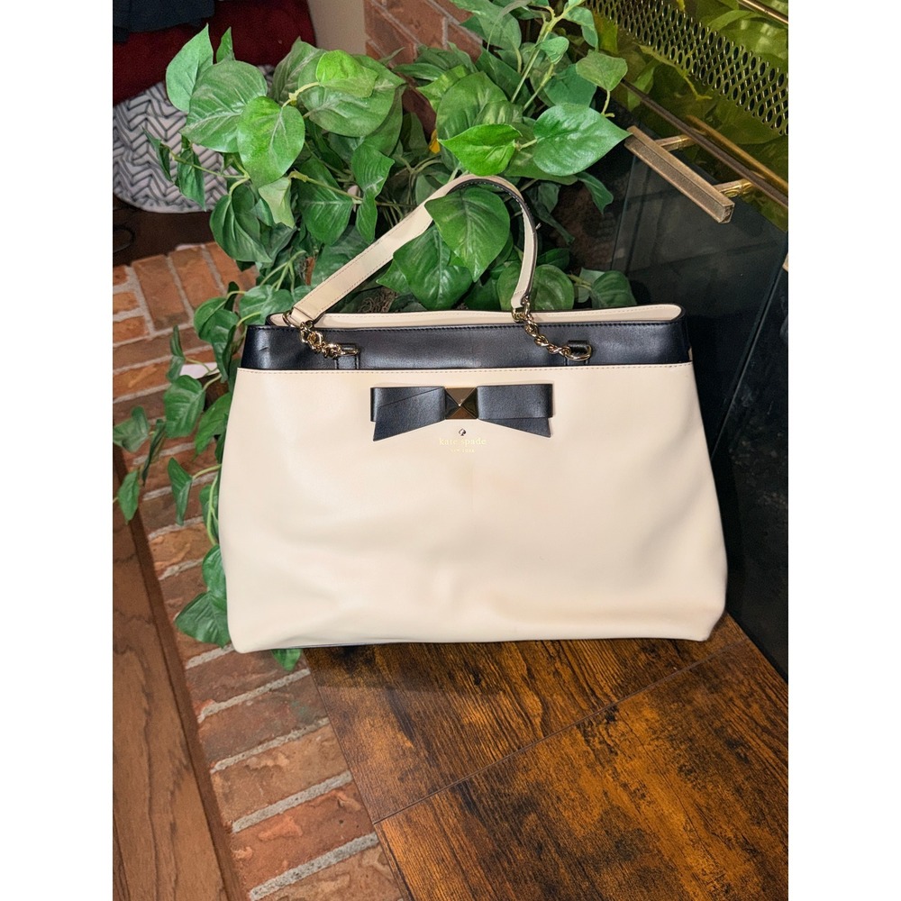 Kate Spade Hancock Park Maryanne Leather Tote Bag Women Cream Black Bow Large